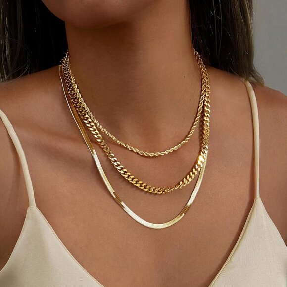 Gold Layered Necklace Set Women Dainty Adjustable Hypoallergenic Fashion - Picture 2 of 9